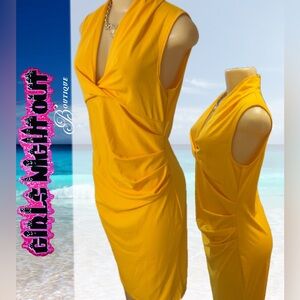 SALE💛 Yellow Sleeveless Draped V-Neck Sheath Dress